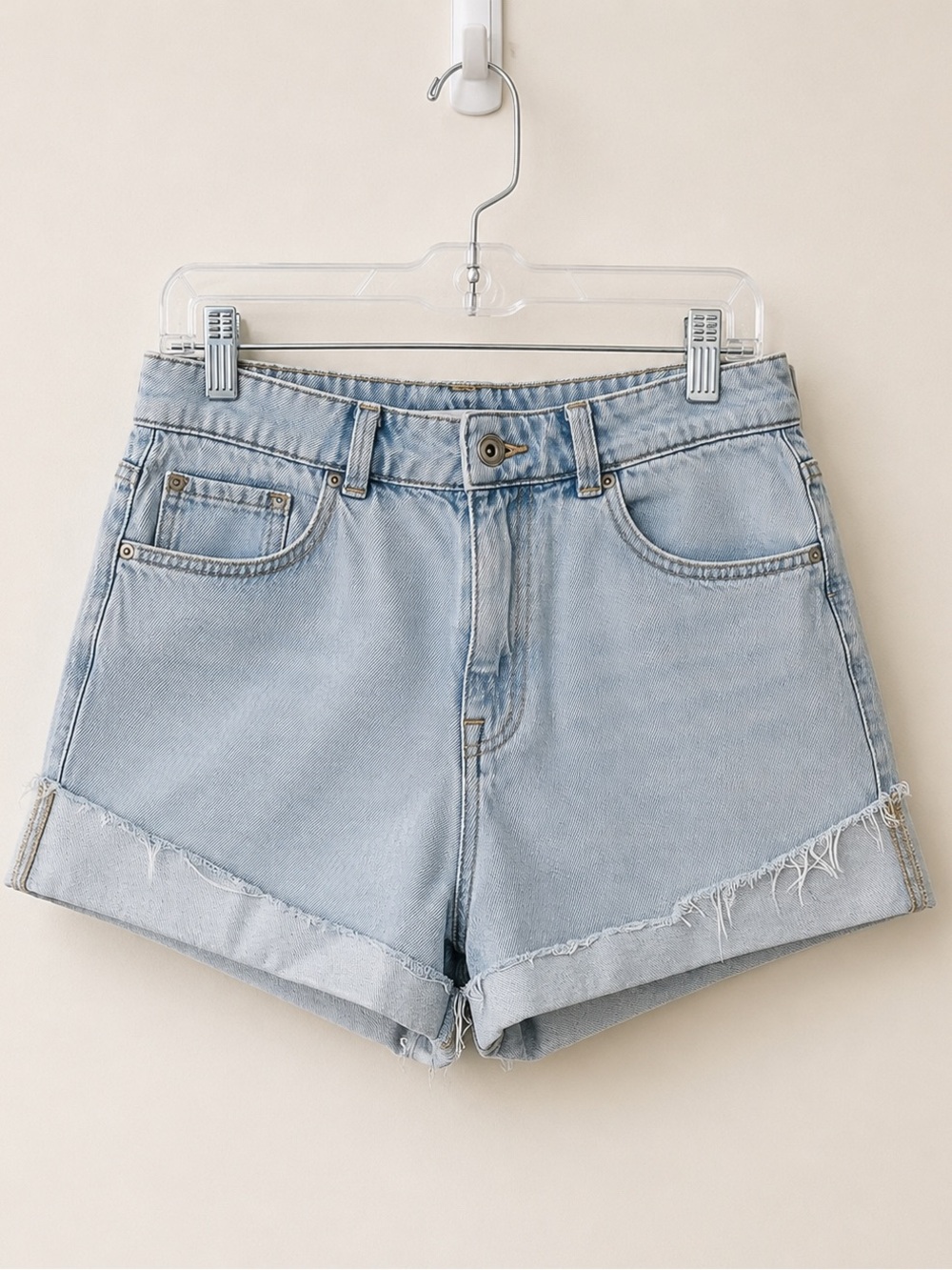 Zara Light Wash Denim Shorts Size 8 | Raw Hem Cuffed Shorts